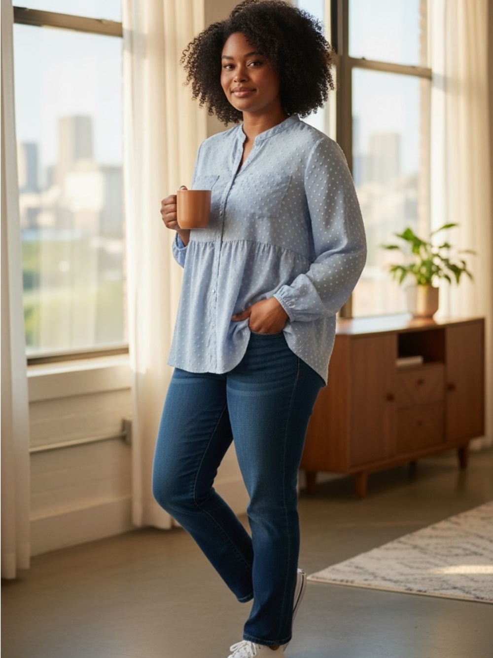 Light Blue Swiss Dot Peplum Blouse